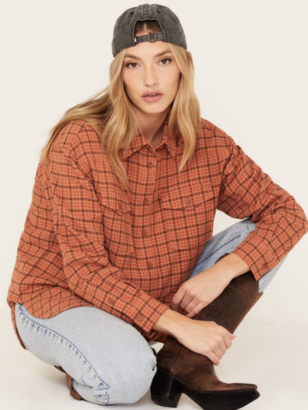 Cleo + Wolf flannel shirt burnt orange plaid print button down size small cotton